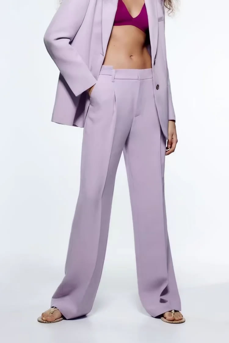 Fashion Purple Woven Micro Pleated Straight-leg Trousers,Pants