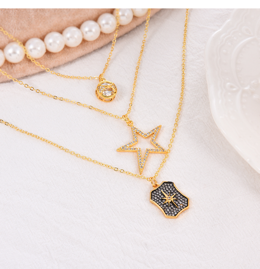 Fashion Gold-2 Bronze Zirconium Geometric Pendant Necklace,Necklaces