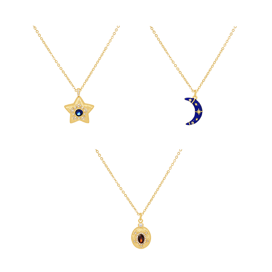 Fashion Navy Blue Bronze Zirconium Drop Oil Crescent Pendant Necklace,Necklaces