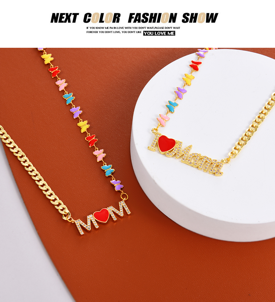 Fashion Color-2 Bronze Zircon Alphabet Mom Drop Oil Butterfly Splicing Chain Necklace,Necklaces