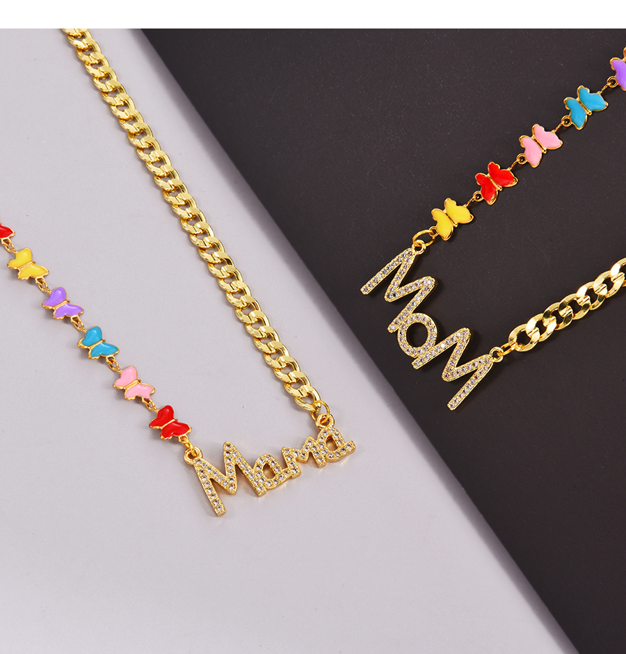 Fashion Gold Bronze Zircon Alphabet Mom Drop Oil Butterfly Splicing Chain Necklace,Necklaces