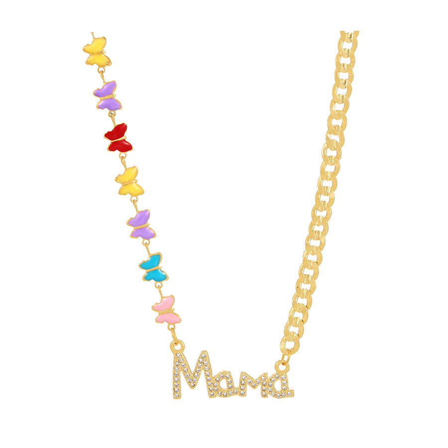 Fashion Gold Bronze Zircon Alphabet Mom Drop Oil Butterfly Splicing Chain Necklace,Necklaces