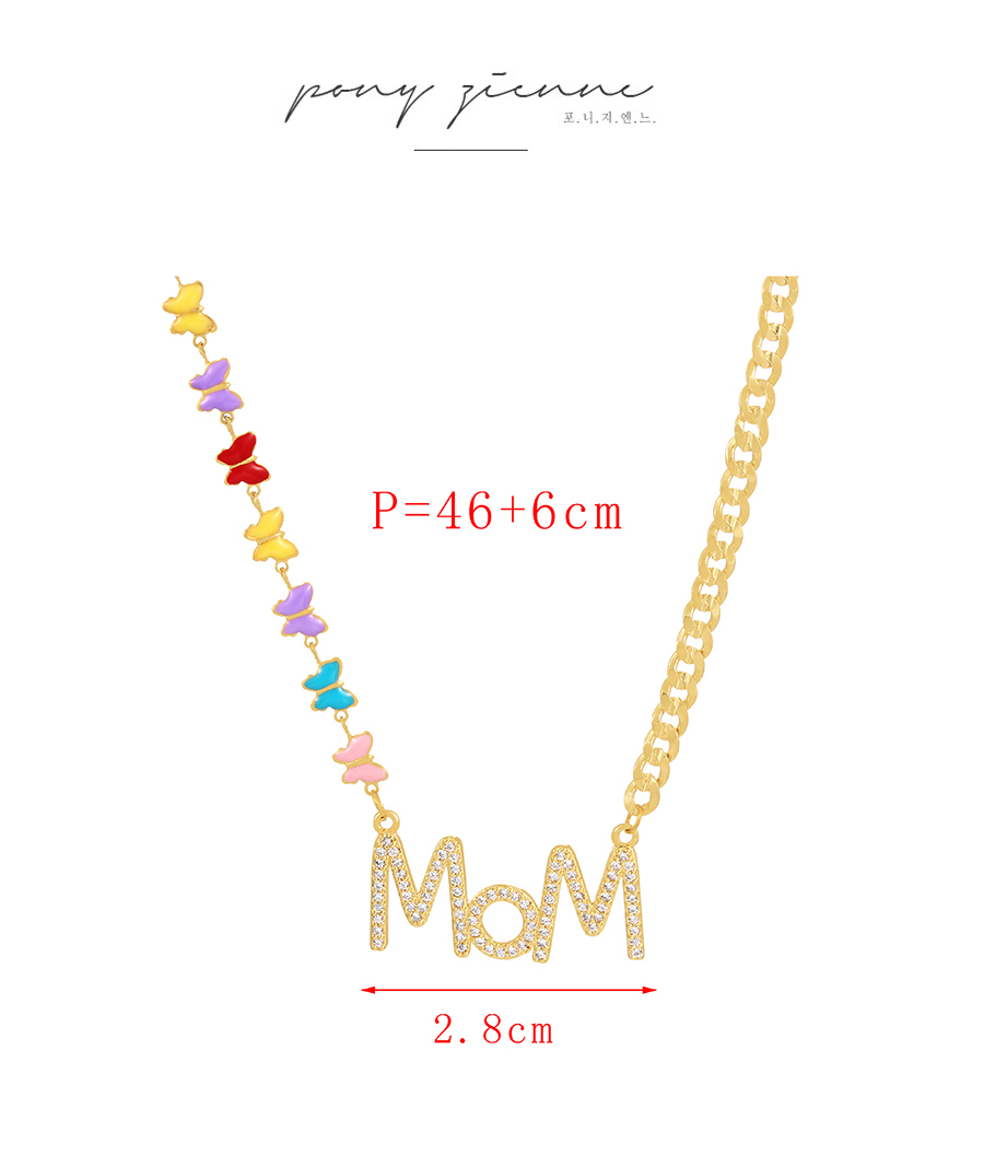 Fashion Gold-2 Bronze Zircon Alphabet Mama Oil Butterfly Stitching Chain Necklace,Necklaces