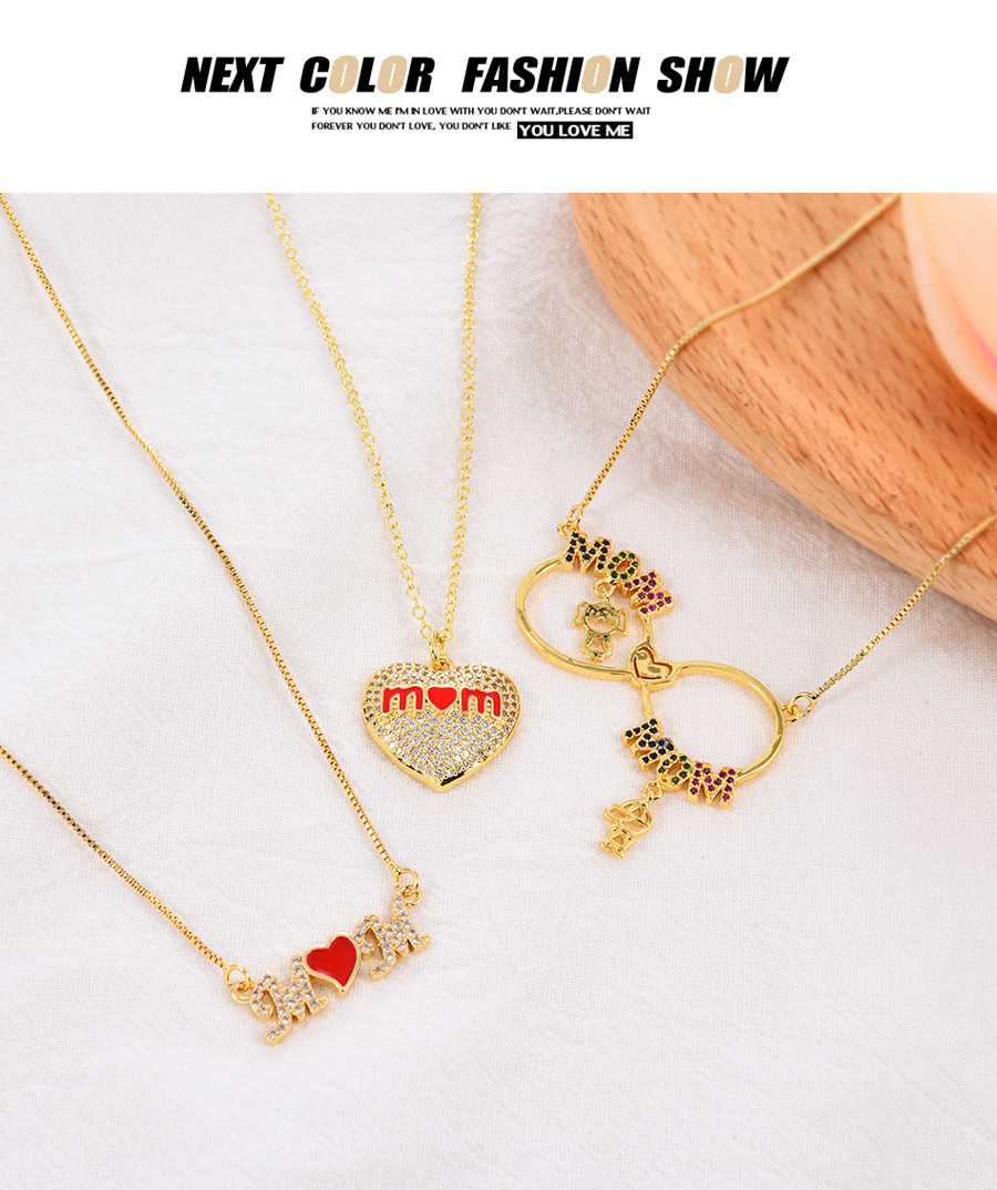 Fashion Gold-3 Bronze Zircon Drop Oil Letter Mom Pendant Necklace,Necklaces
