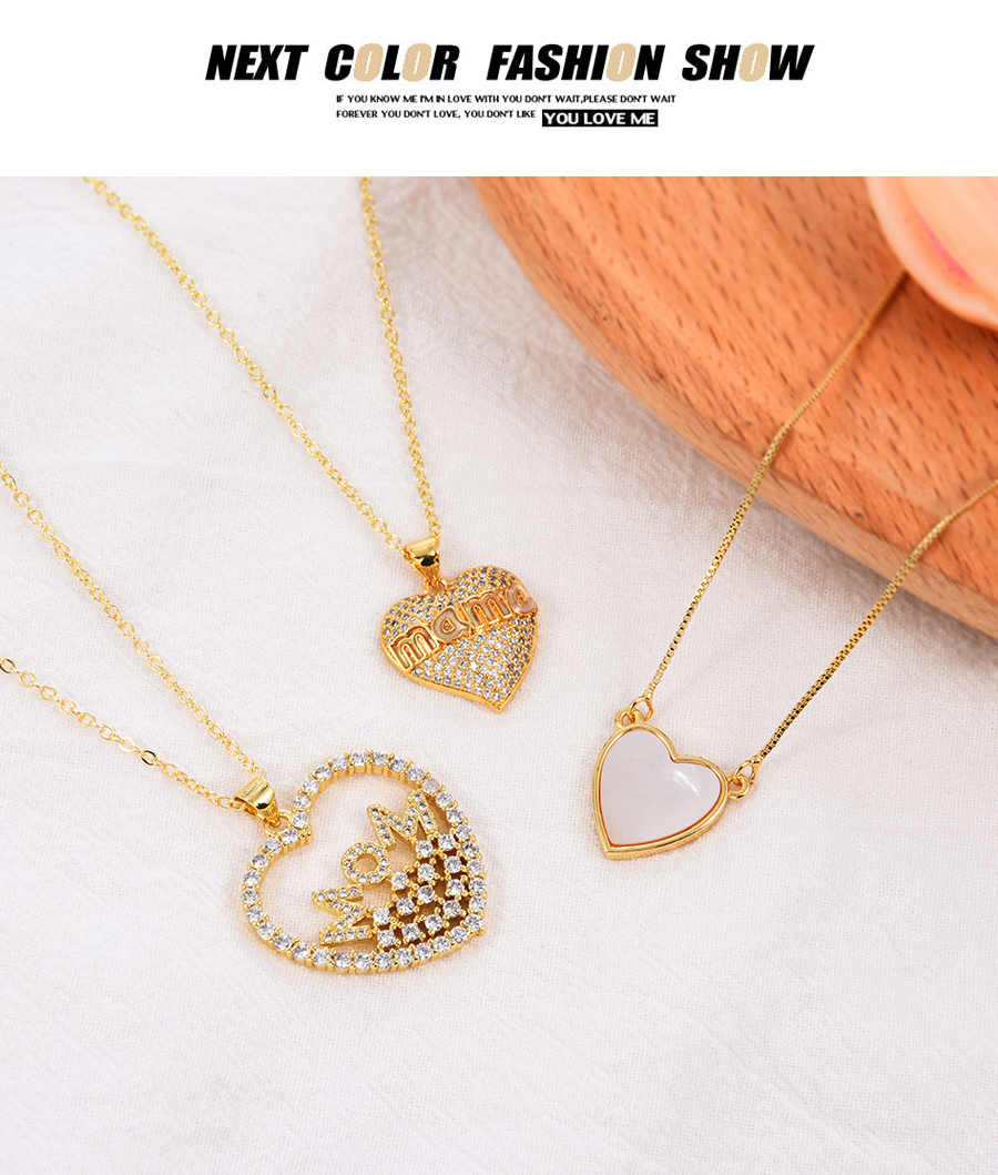 Fashion Gold-3 Bronze Zircon Shell Heart Pendant Necklace,Necklaces