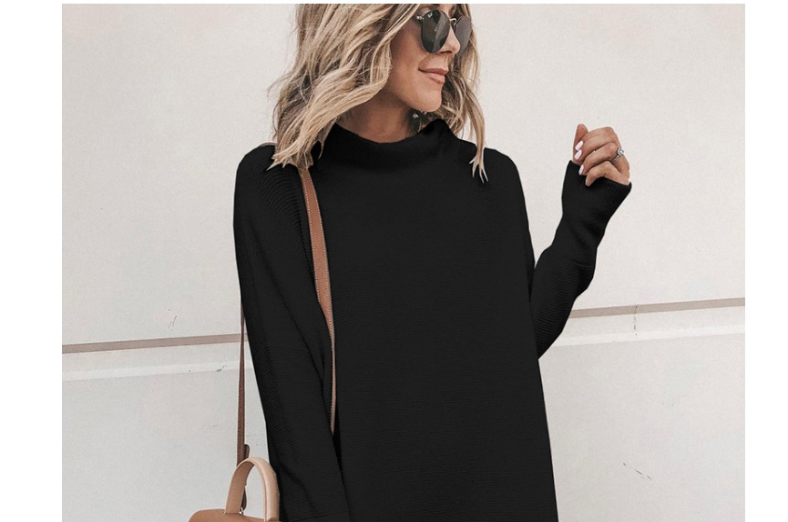 Fashion Black Solid Color Long Sleeve Round Neck Midi Dress,Mini & Short Dresses