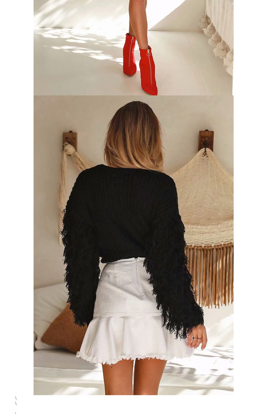 Fashion Red Wine Fringed Long Sleeve Knit Pullover,Sweater
