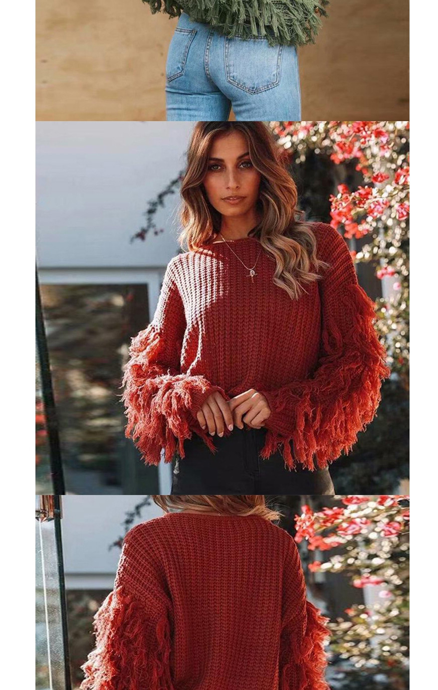 Fashion Red Wine Fringed Long Sleeve Knit Pullover,Sweater