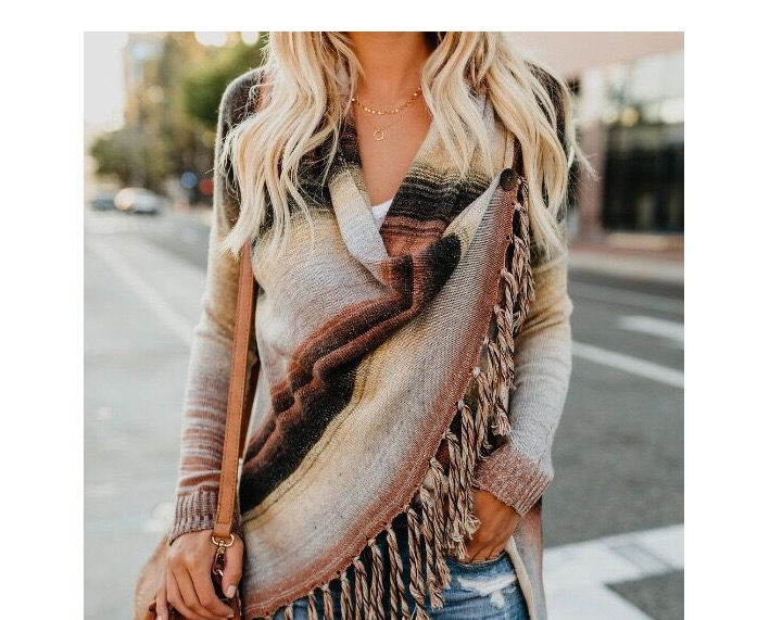 Fashion Beige Fringed Sweater Knit Shoulder,Sweater