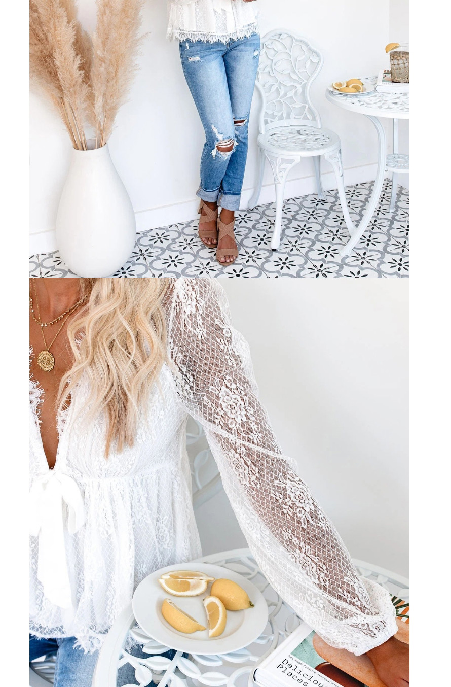 Fashion White Lace Embroidered Lace Bow Tie Top,Blouses