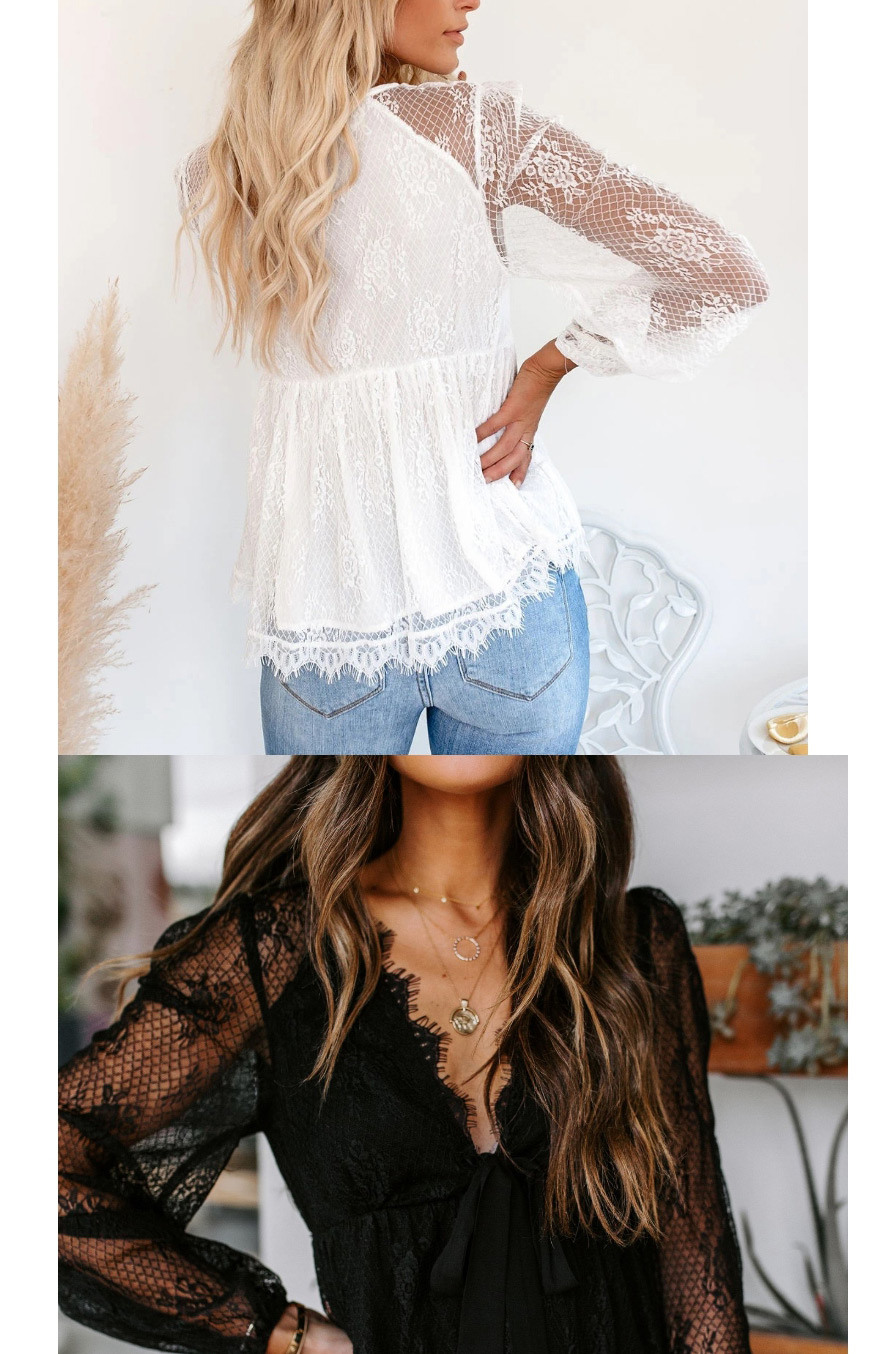 Fashion White Lace Embroidered Lace Bow Tie Top,Blouses