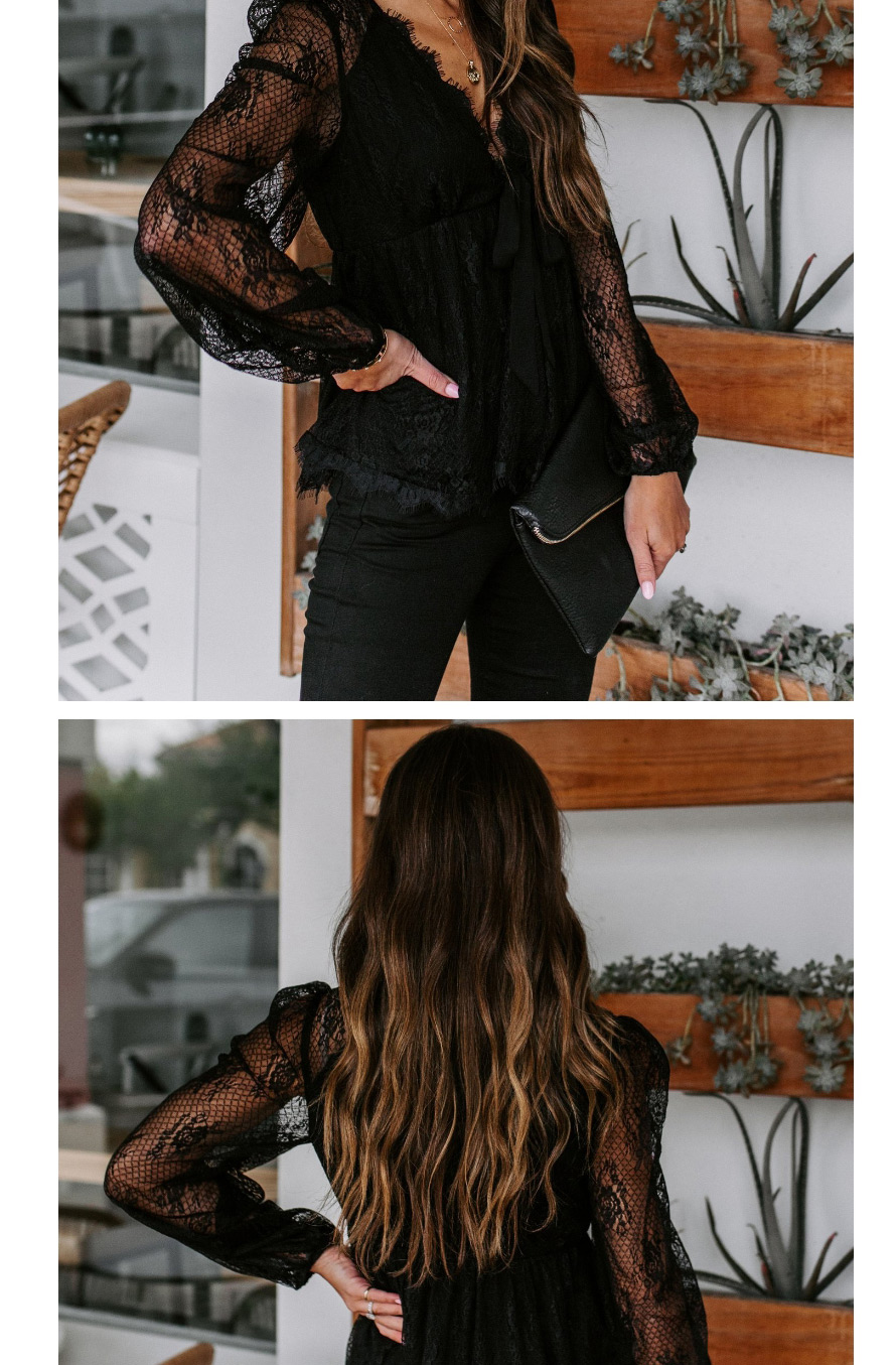 Fashion Black Lace Embroidered Lace Bow Tie Top,Blouses
