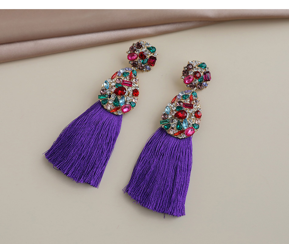 Fashion Purple Alloy Diamond Drop Tassel Stud Earrings,Drop Earrings