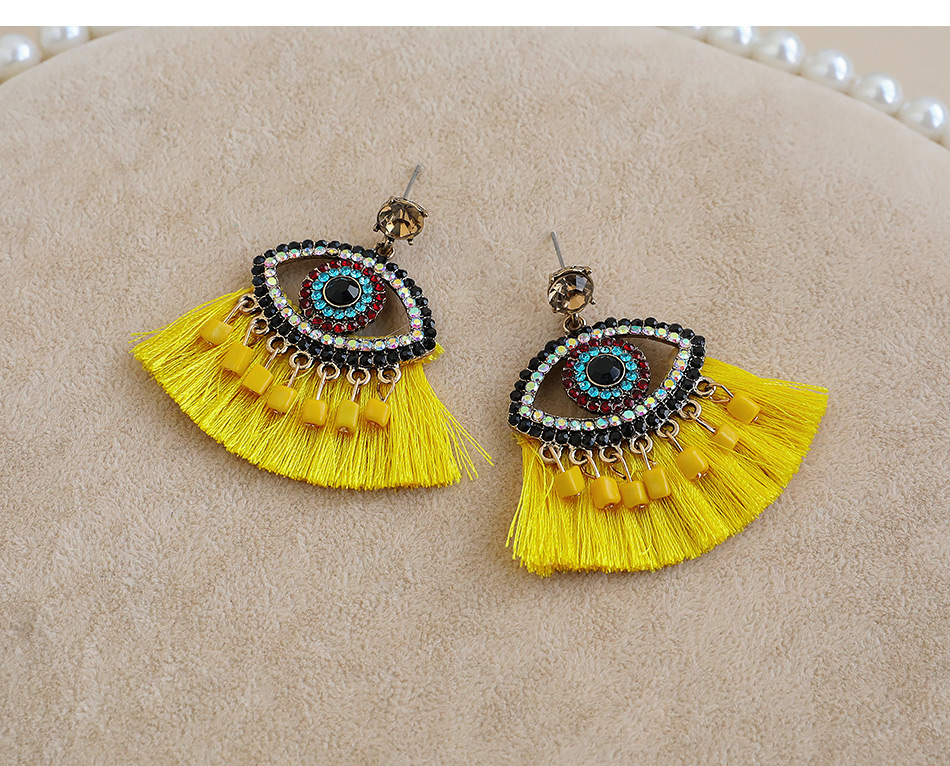 Fashion Yellow Alloy Diamond Eye Tassel Stud Earrings,Drop Earrings