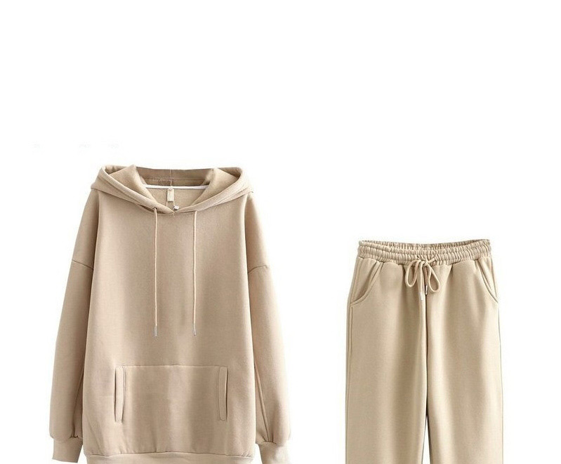 Fashion Khaki Hooded Plus Fleece Top And Pants Suit,ACTIVEWEAR