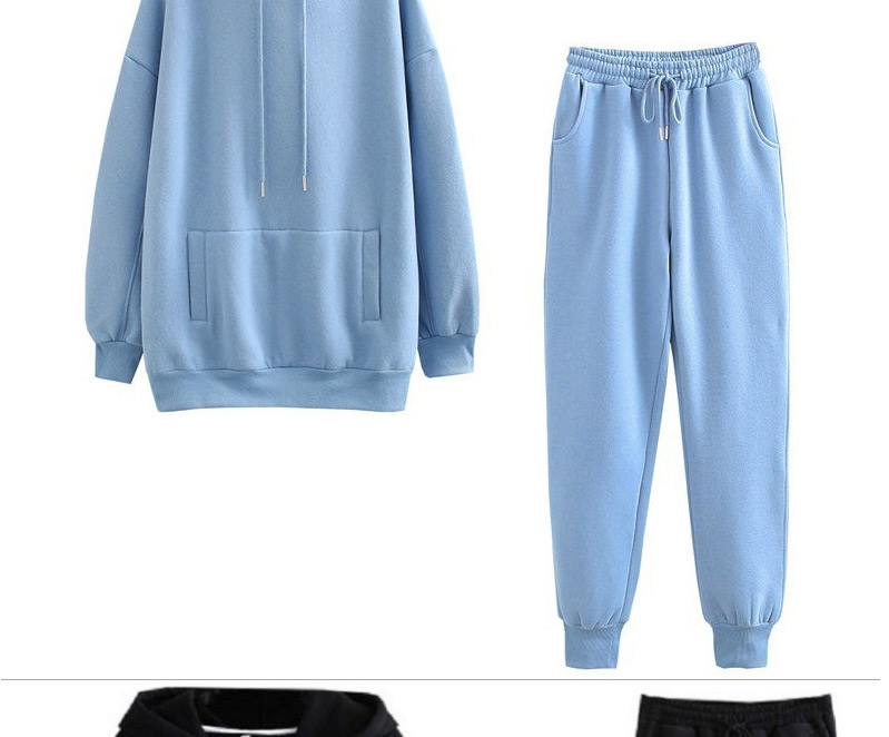 Fashion Blue Hooded Plus Fleece Top And Pants Suit,ACTIVEWEAR