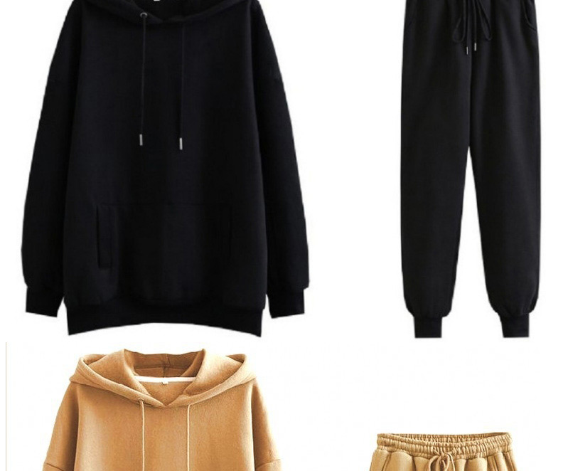 Fashion Khaki Hooded Plus Fleece Top And Pants Suit,ACTIVEWEAR