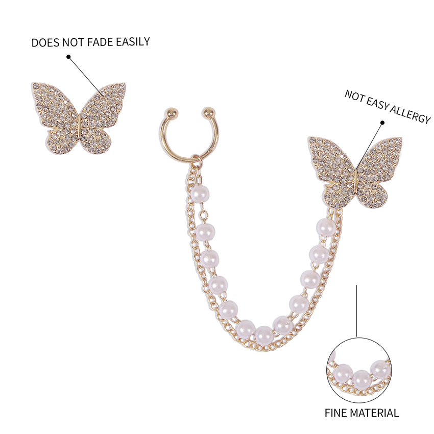 Fashion Gold Color Alloy Diamond Butterfly Stud Earrings,Clip & Cuff Earrings