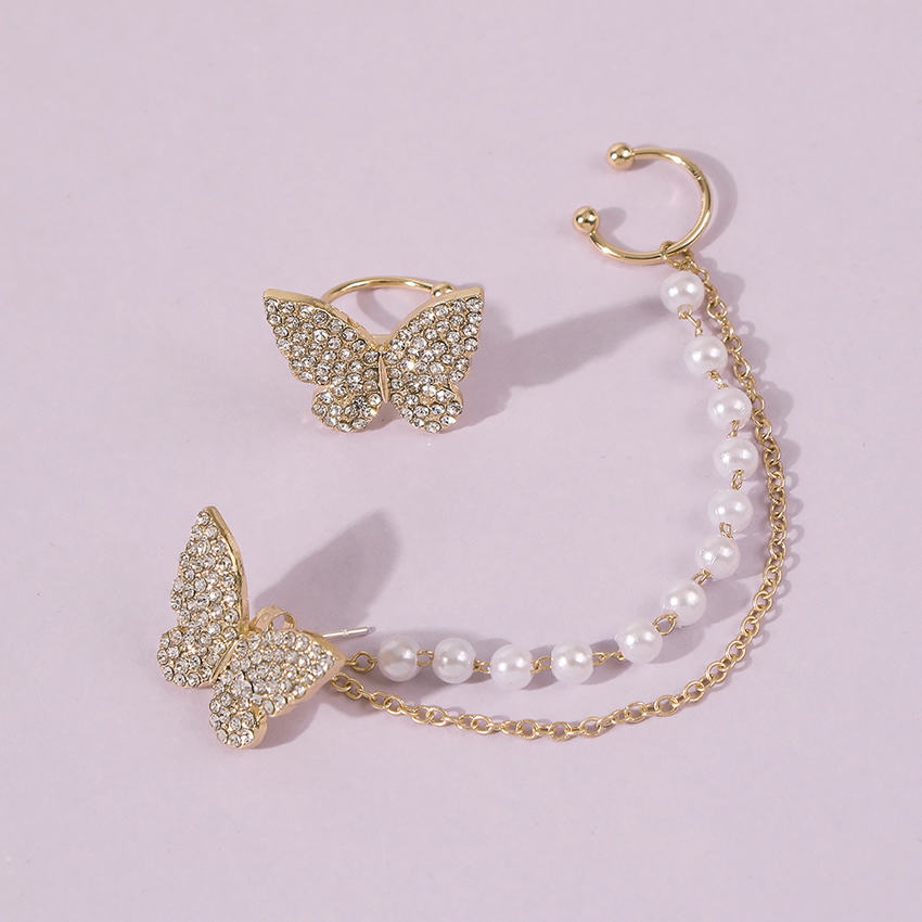 Fashion Gold Color Alloy Diamond Butterfly Stud Earrings,Clip & Cuff Earrings