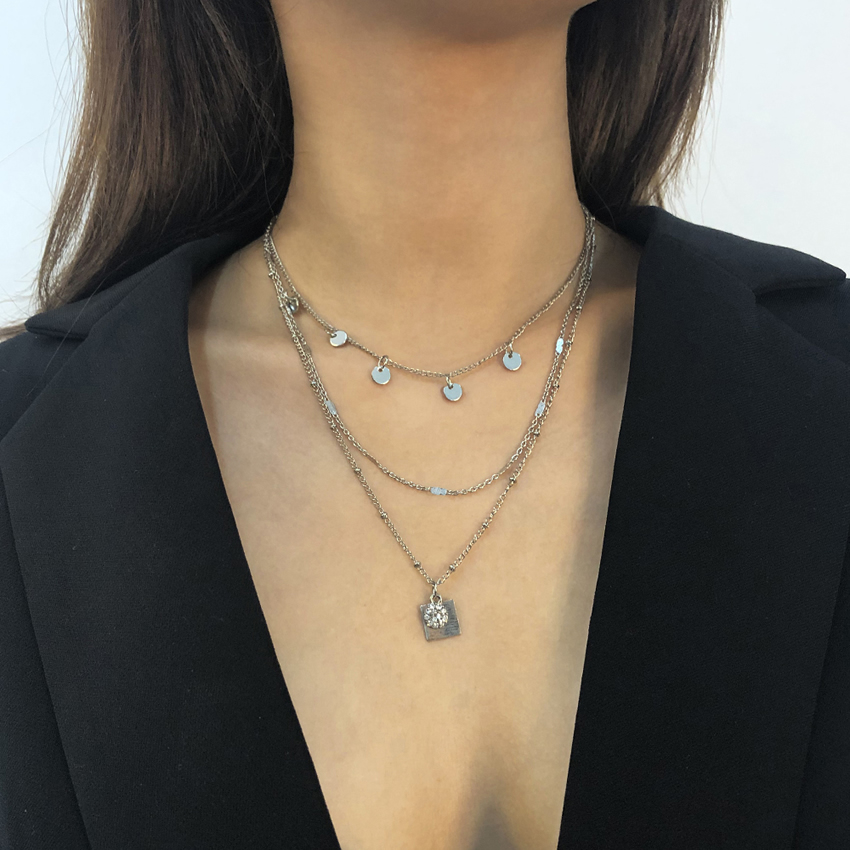 Fashion White K Alloy Diamond Disc Multilayer Necklace,Pendants