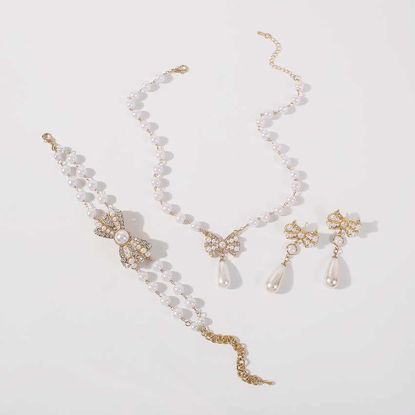 Fashion Gold Color Alloy Diamond Pearl Bow Necklace Bracelet Earring Set,Jewelry Sets