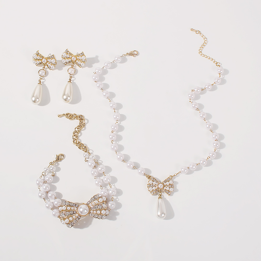 Fashion Gold Color Alloy Diamond Pearl Bow Necklace Bracelet Earring Set,Jewelry Sets
