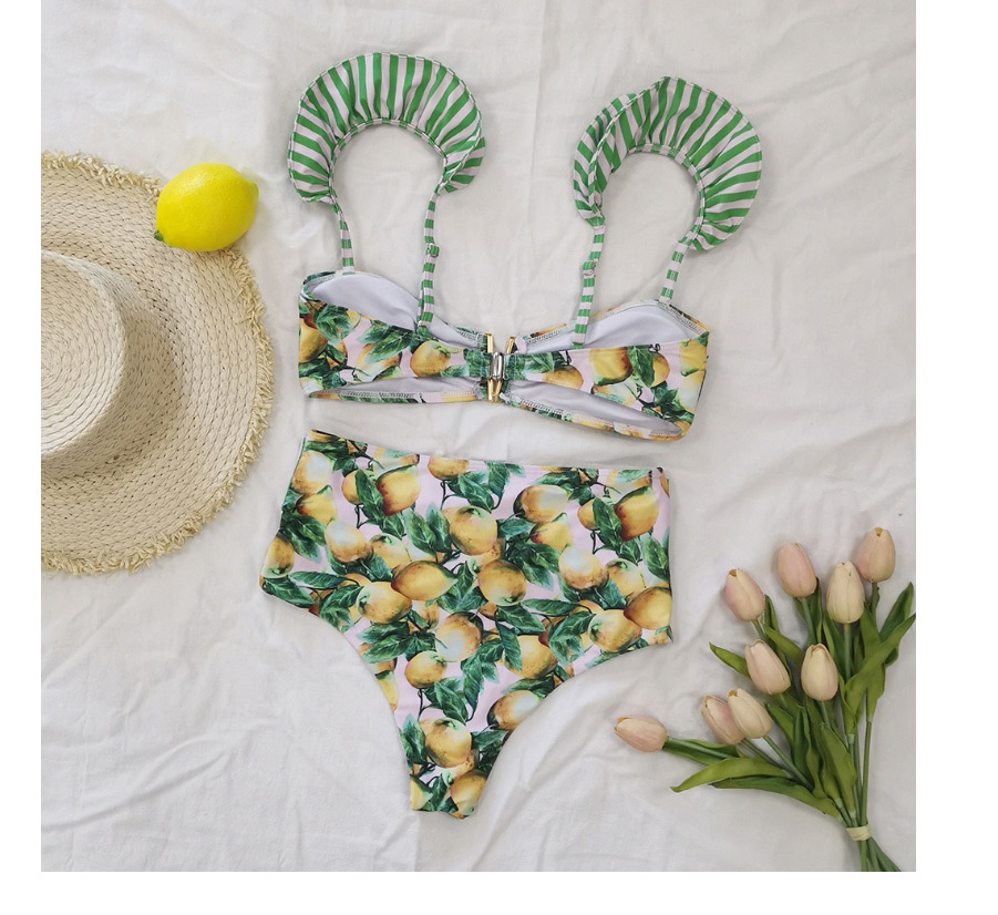 Fashion Papaya Ruffled Print Split Swimsuit,Bikini Sets