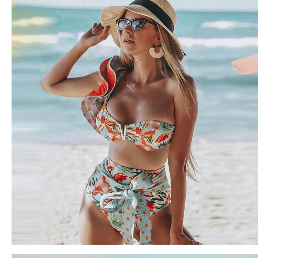 Fashion Rose Safflower Ruffled Print Split Swimsuit,Bikini Sets