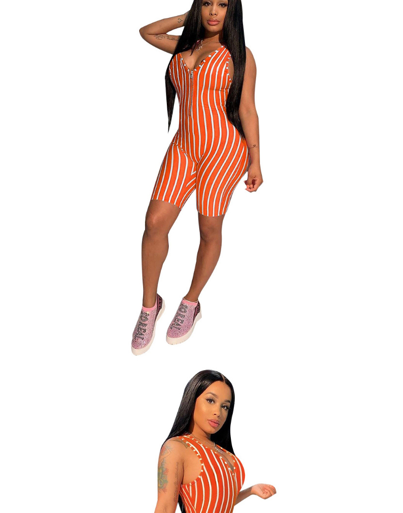 Fashion Orange Stripes Sports Sleeveless Striped V-neck Bodysuit,Others