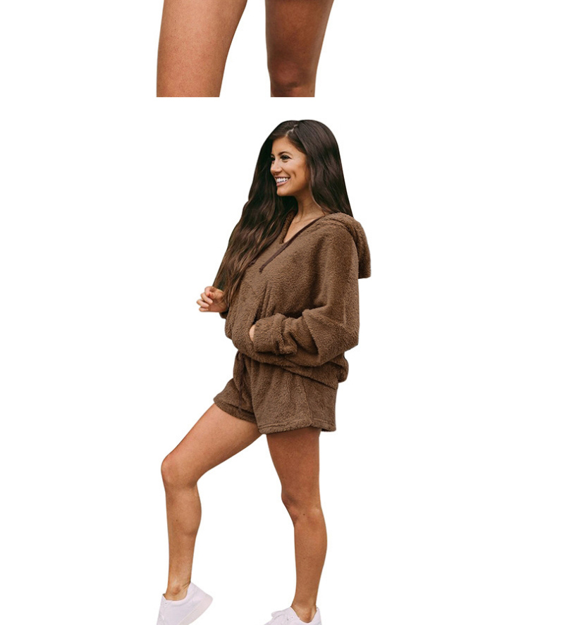 Fashion Coffee Loose Plush V-neck Shorts Hooded Suit,Tank Tops & Camis