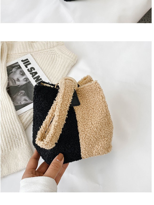 Fashion Black With White Lamb Wool Stitching Contrast Single Shoulder Messenger Bag,Shoulder bags