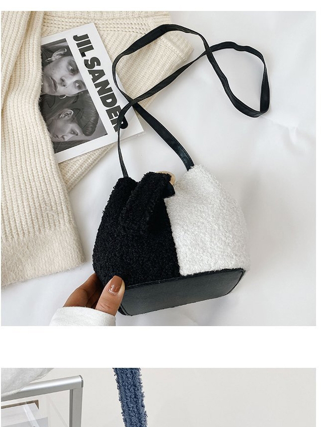 Fashion Black With White Lamb Wool Stitching Contrast Single Shoulder Messenger Bag,Shoulder bags