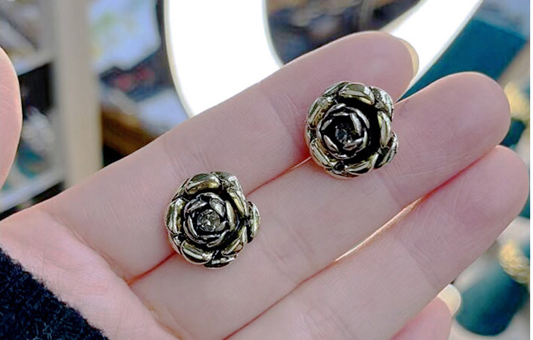 Fashion Bronze Three-dimensional Diamond-studded Camellia Alloy Earrings,Stud Earrings