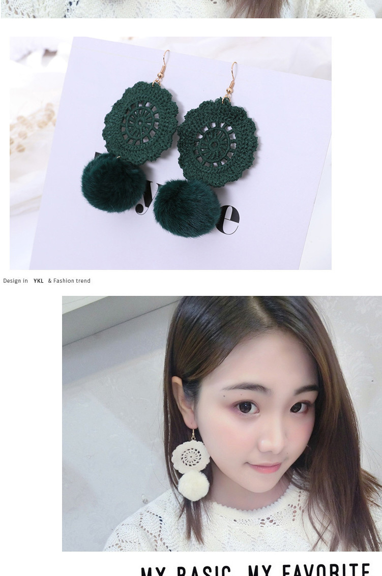 Fashion Green Hairball Round Hollow Fabric Earrings,Drop Earrings