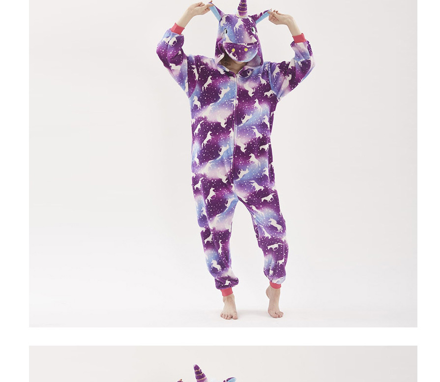Fashion Purple Night Flying Horse Zipper Flannel Animal Coral Fleece Bathrobe One-piece Pajamas Home Service,Cartoon Pajama