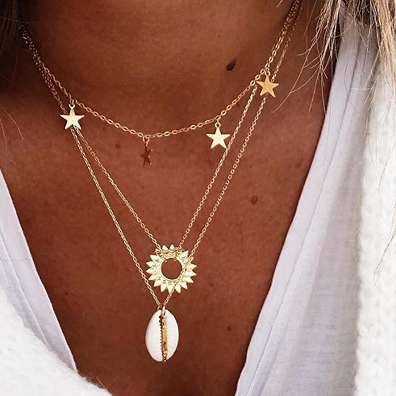 Fashion Gold Color Alloy Multilayer Shell Necklace,Pendants