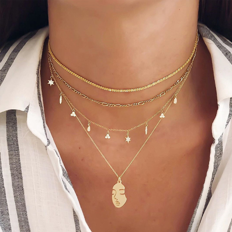 Fashion Gold Color Alloy Multilayer Diamond Portrait Necklace,Multi Strand Necklaces