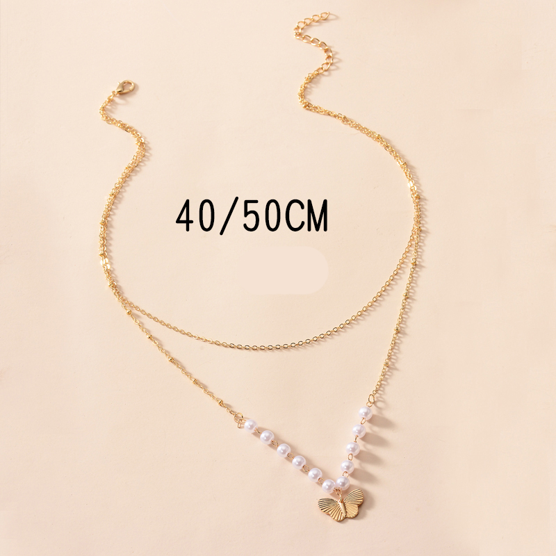 Fashion Gold Color Alloy Double Pearl Butterfly Necklace,Multi Strand Necklaces