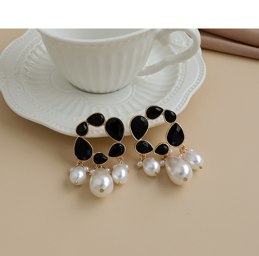 Fashion Black Alloy Diamond Pearl Tassel Stud Earrings,Drop Earrings