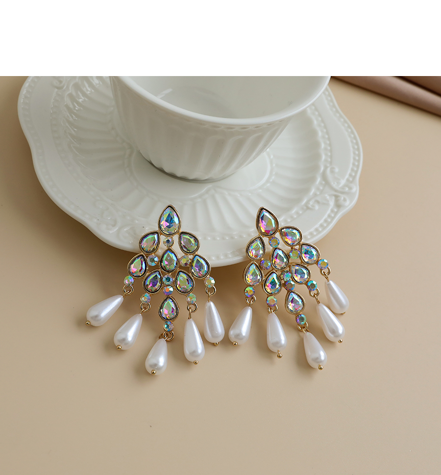 Fashion White Alloy Diamond Pearl Tassel Stud Earrings,Drop Earrings