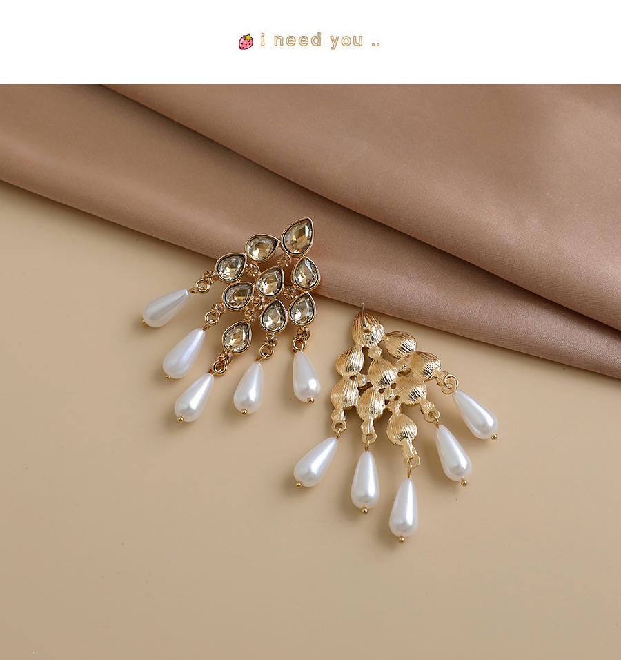 Fashion Champagne Alloy Diamond Pearl Tassel Stud Earrings,Drop Earrings