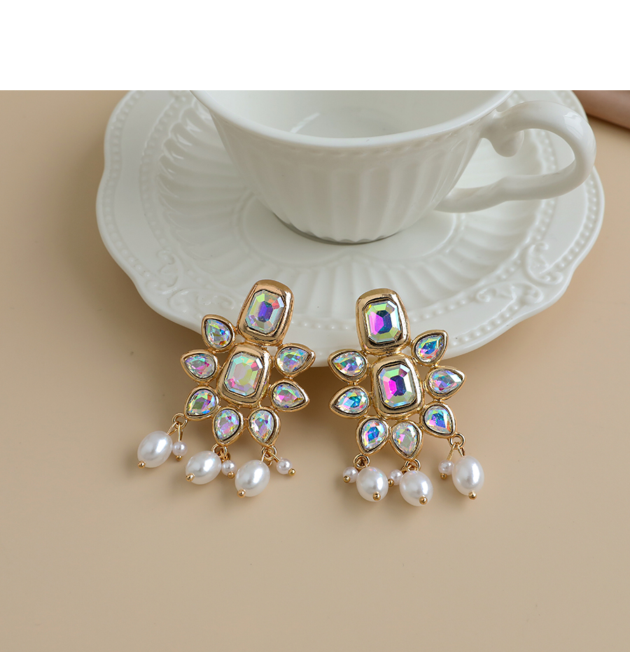 Fashion Ab Color Alloy Diamond Pearl Tassel Stud Earrings,Drop Earrings