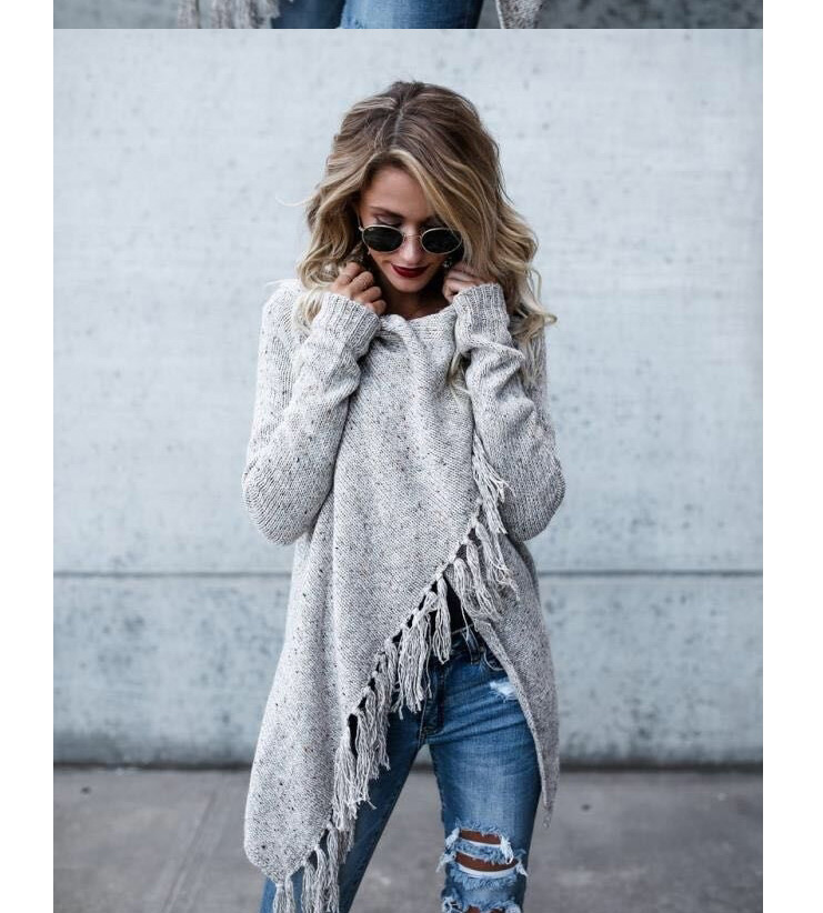 Fashion Dark Gray Mid-length Tassel Slash Coat Sweater,Coat-Jacket