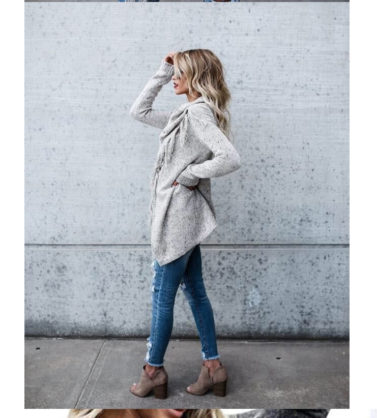 Fashion Light Grey Mid-length Tassel Slash Coat Sweater,Coat-Jacket