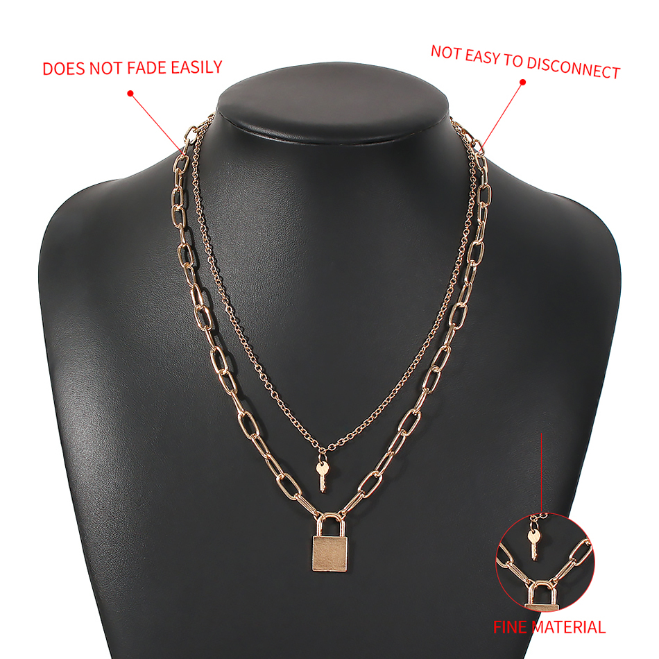 Fashion Gold Color Alloy Double-layer Key Lock Necklace,Pendants
