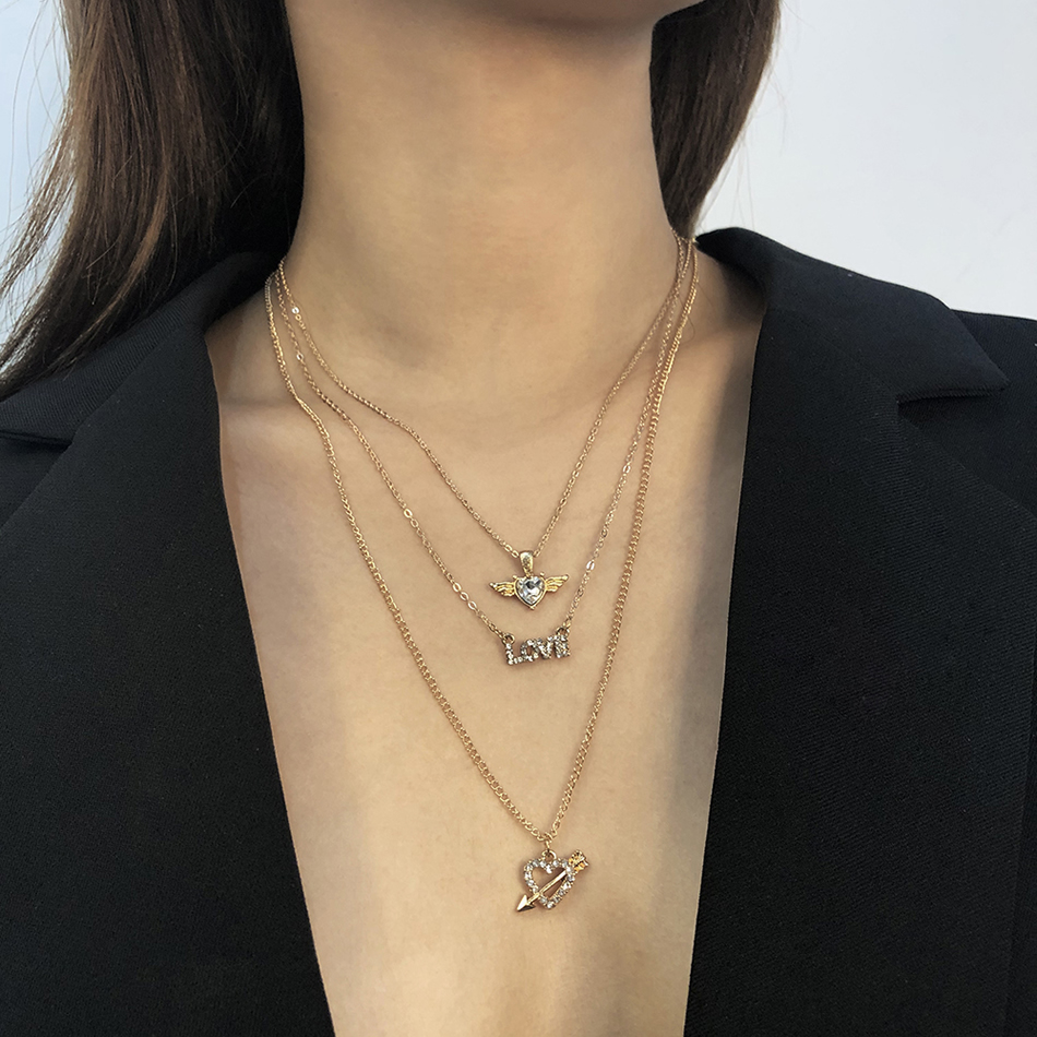 Fashion Gold Color Alloy Diamond Multi-layer Love Necklace,Chains
