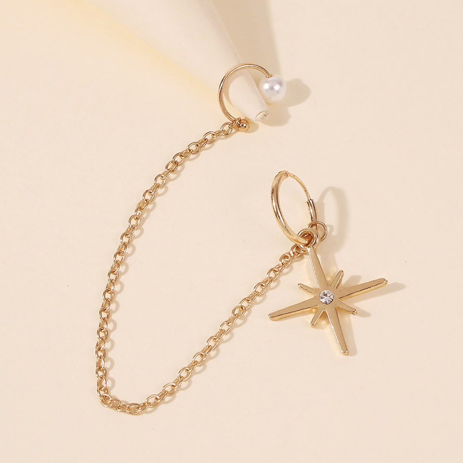 Fashion Gold Color Alloy Pearl Chain Awning Star Ear Clip,Clip & Cuff Earrings