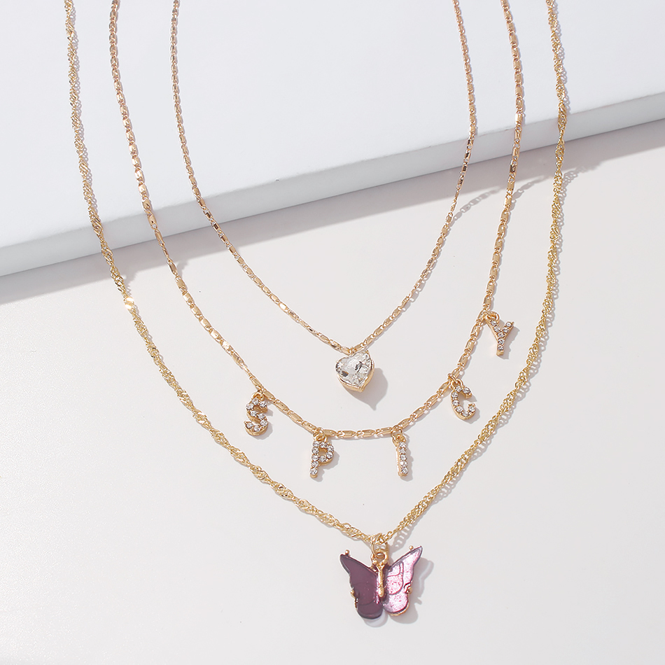 Fashion Gold Color Alloy Multilayer Diamond Letter Butterfly Necklace,Multi Strand Necklaces