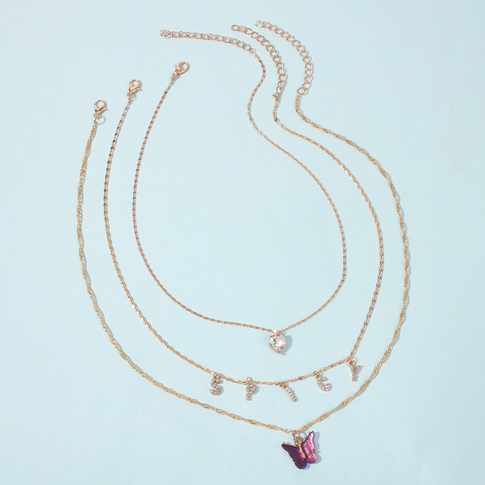 Fashion Gold Color Alloy Multilayer Diamond Letter Butterfly Necklace,Multi Strand Necklaces