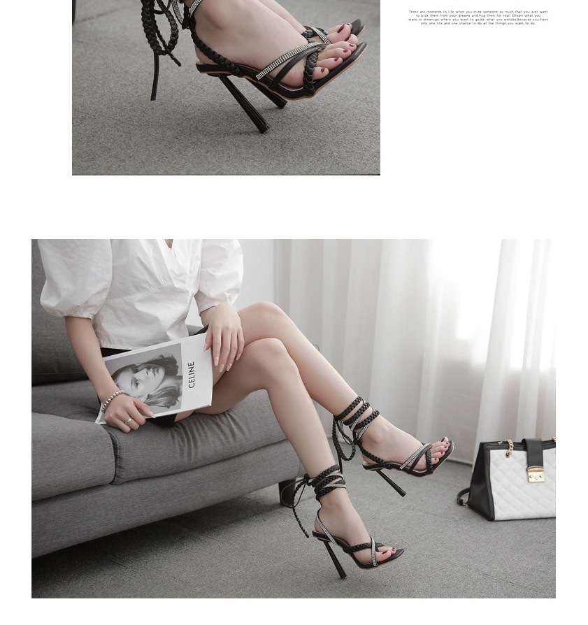 Fashion Rose Red Woven Hollow Stiletto Heels With Winding Straps,Slippers